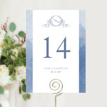 Custom, Elegant Monogram Dusty Blue Wedding<br><div class="desc">Help your guests find their table with this elegant monogrammed table number. Double-sided cards. Clear space all around gives you the liberty to use a table holder or frame. Design with an attractive hand-drawn botanical crest monogram in dusty blue hues and watercolor wash borders in a beautiful blend of dusty...</div>