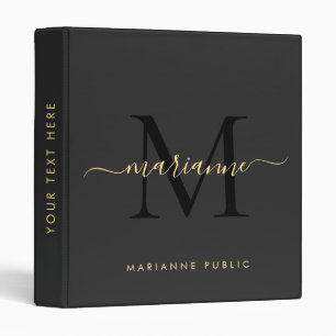 Custom Elegant Monogram Faux Gold Text Black 3 Ring Binder