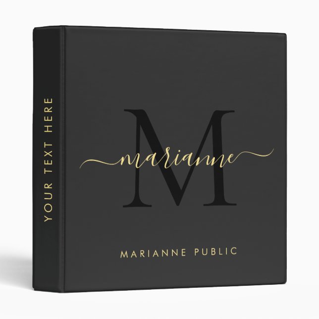 Custom Elegant Monogram Faux Gold Text Black 3 Ring Binder (Front/Spine)