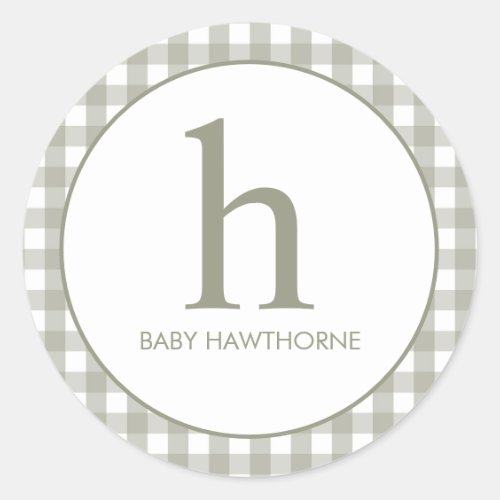 Custom Elegant Monogram Green Gingham Baby Shower Classic Round Sticker