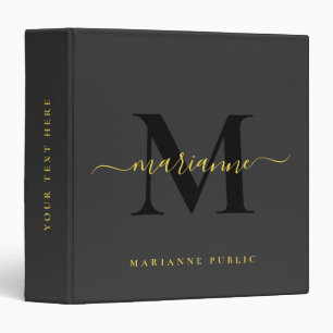 Custom Elegant Monogram Initial Black & Gold Text 3 Ring Binder