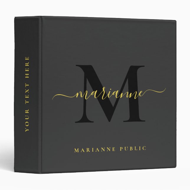 Custom Elegant Monogram Initial Black & Gold Text 3 Ring Binder (Front/Spine)