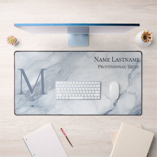 Custom Elegant Monogram Light Blue Marble Desk Mat