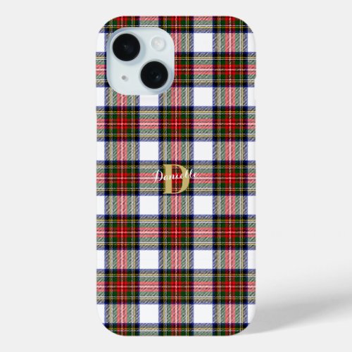 Custom Elegant Monogram Name Christmas Plaid iPhone 15 Case