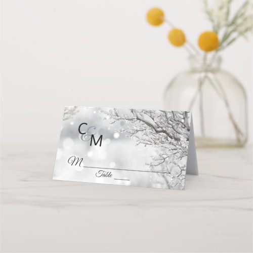 Custom Elegant Monogram Winter Snow Wedding Place Card