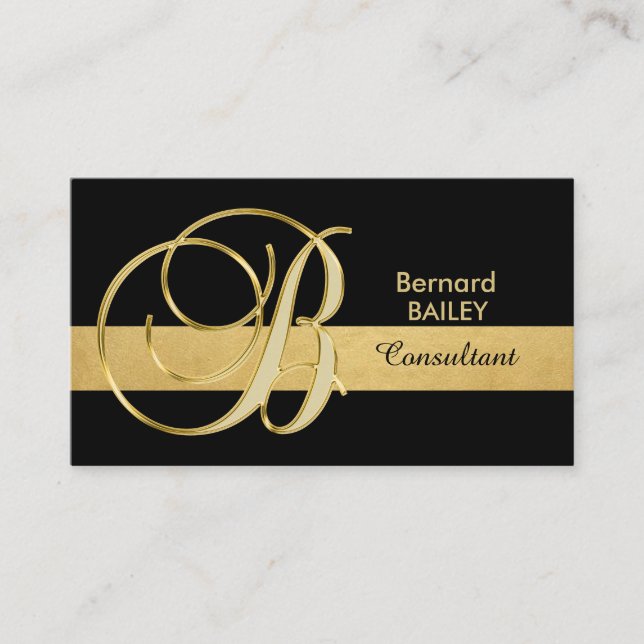Custom Elegant Monogrammed Gold Black Initial 'B' Business Card (Front)
