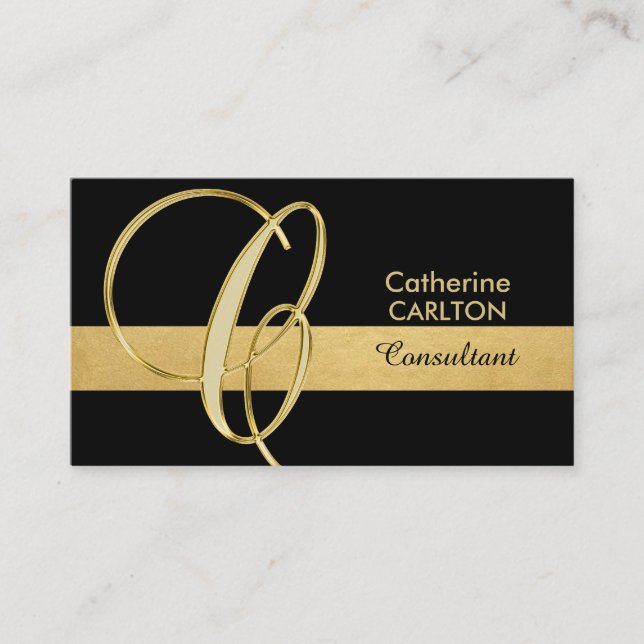 Custom Elegant Monogrammed Gold Black Initial ''C" Business Card (Front)