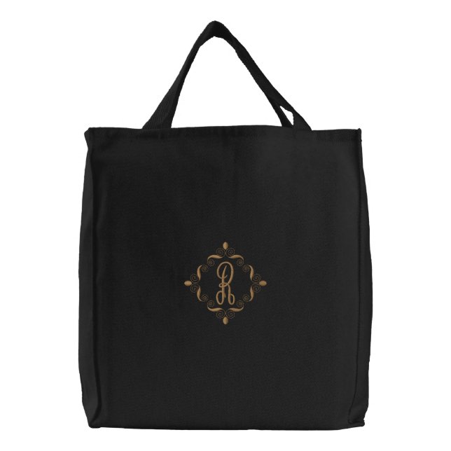 Custom Elegant Monogrammed Wide Bottom Cotton Embroidered Tote Bag (Front)
