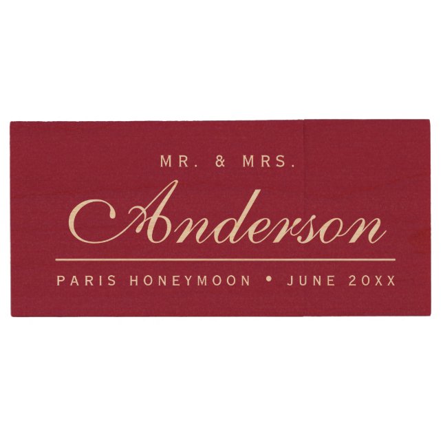 Custom Elegant Mr and Mrs Family Name Wood Flash Drive (Front)
