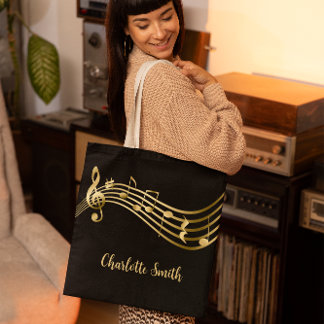 Custom Elegant Music Notes Gold&Black Tote Bag