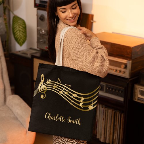 Custom Elegant Music Notes GoldBlack  Tote Bag