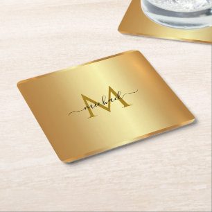 Custom Elegant Name Monogram Initial Template Gold Square Paper Coaster