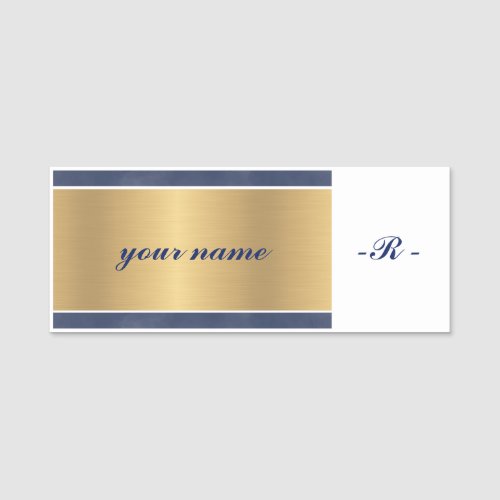 custom elegant navy blue gold monogrammed name tag