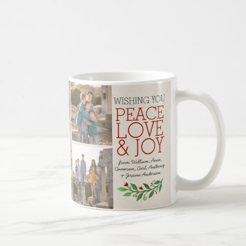 Custom Elegant Peace Love Joy 3 Photo Christmas Coffee Mug