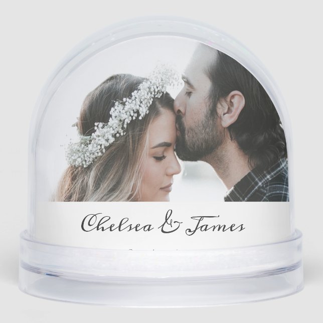 Custom Elegant Photo Calligraphy Script Name Date  Snow Globe (Front)