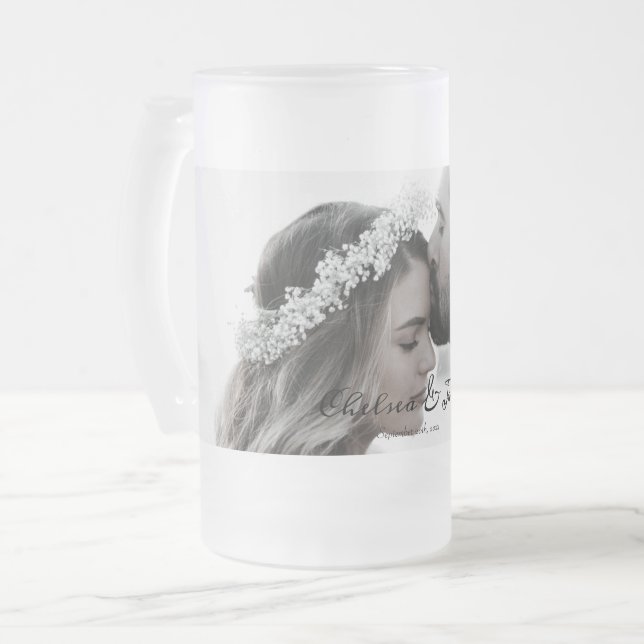 Custom Elegant Photo Calligraphy Wedding  Frosted Glass Beer Mug (Front Left)