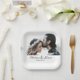 Custom Elegant Photo Calligraphy Wedding Name Paper Plates