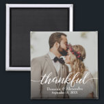 Custom Elegant Photo Thankful Script Wedding Magnet<br><div class="desc">Introducing our Custom Elegant Photo Thankful Script Wedding Magnet, the perfect way to provide your wedding guests with a memorable keepsake. This square magnet allows you to personalize it with your own photo, names, and wedding date, creating a unique and meaningful token of appreciation. By incorporating your photo on the...</div>