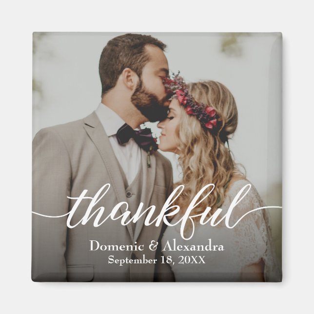 Custom Elegant Photo Thankful Script Wedding Magnet (Front)