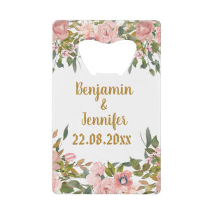 Custom Elegant Pink Floral Greenery Wedding Favor Credit Card Bottle Opener