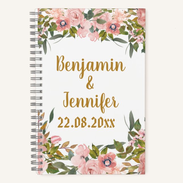 Custom Elegant Pink Floral Greenery Wedding Favor Notebook (Front)