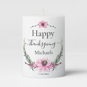 Custom Elegant Pink Floral Thanksgiving, Christmas Pillar Candle
