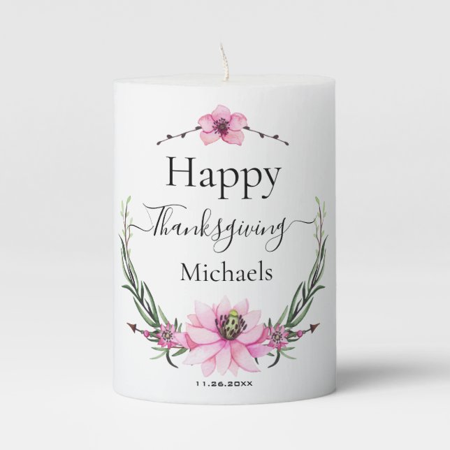 Custom Elegant Pink Floral Thanksgiving, Christmas Pillar Candle (Front)