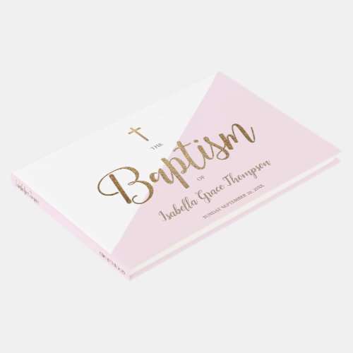 Custom Elegant Pink gold Cross Baby Baptism Guest Book