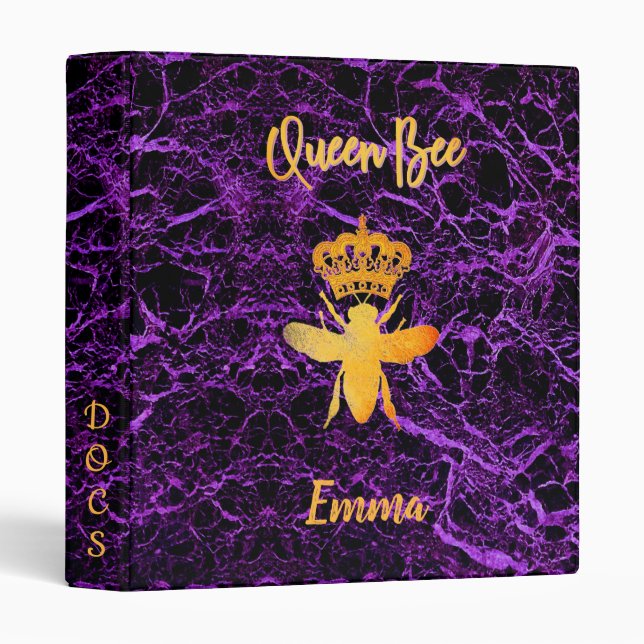 Custom Elegant QUEEN BEE Gold Purple Esthetic in 3 Ring Binder (Front/Spine)