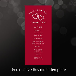 Custom Elegant Red 40th Wedding Anniversary Party Menu