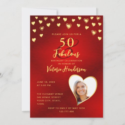 Custom Elegant Red  Gold 50 and Fabulous Birthday Invitation