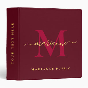 Custom Elegant Red & Gold Text Monogram Initial 3 Ring Binder