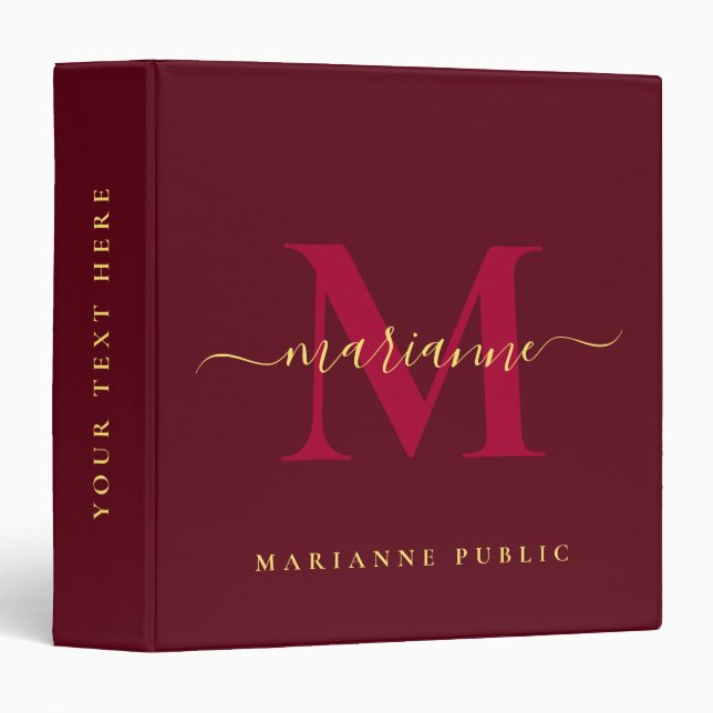 Custom Elegant Red & Gold Text Monogram Initial 3 Ring Binder (Front/Spine)