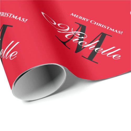Custom elegant red name monogram Merry Christmas Wrapping Paper
