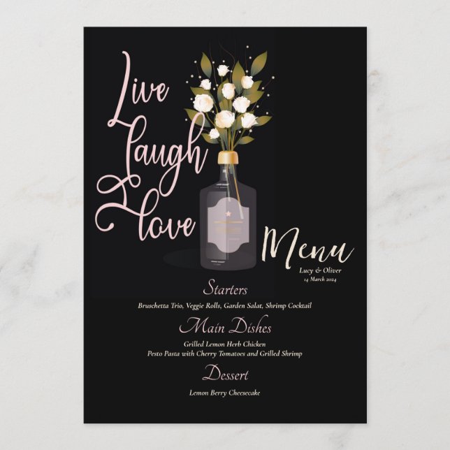 Custom Elegant, Romantic, Black, Floral Wedding Menu (Front)