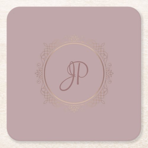 Custom Elegant Rose Gold Monogram Template Square Paper Coaster