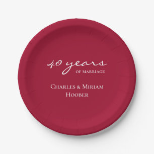 Custom Elegant Ruby 40th Wedding Anniversary Party Paper Plates
