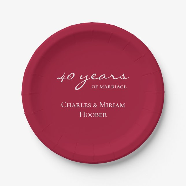 Custom Elegant Ruby 40th Wedding Anniversary Party Paper Plates (Front)
