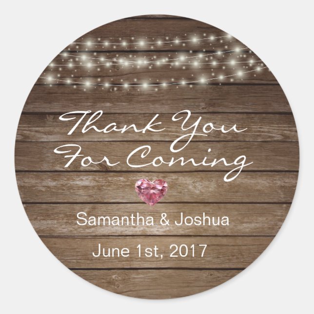 Custom Elegant Rustic String Lights Wood Wedding Classic Round Sticker (Front)