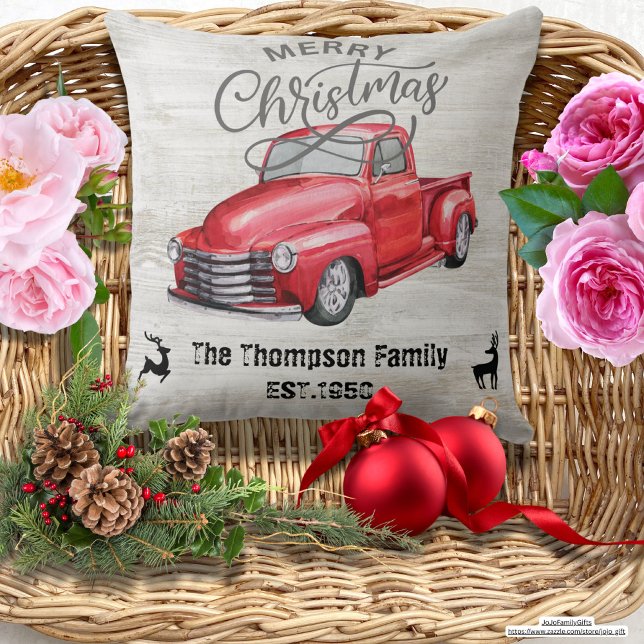 Custom Elegant rustic wood Red truck Family Throw Pillow (Trendy vintage red truck for family. Merry Christmas. Rustic wood background. Elegant Christmas deco)