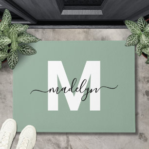 Custom Elegant Sage Green Monogram Script Name Doormat