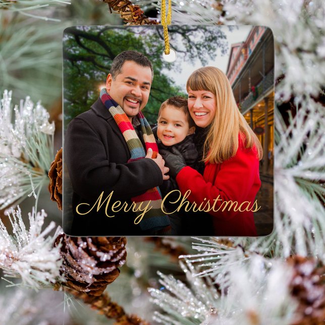Custom Elegant Script 2-Sided Photo Christmas Cera Ceramic Ornament (Creator Uploaded)
