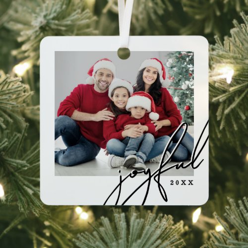 Custom Elegant Script Joyful Photo Metal Ornament