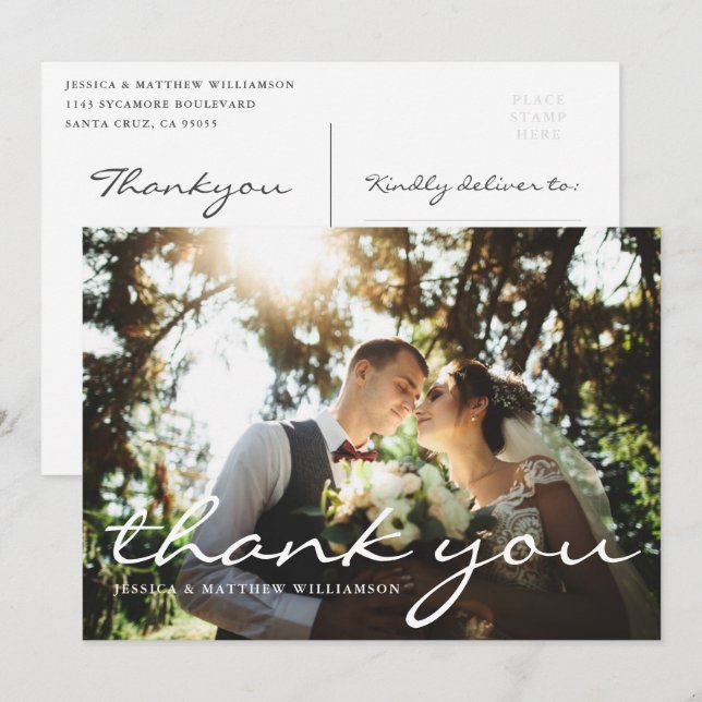 Custom Elegant Script Wedding Photo Thank You Invitation (Front/Back)