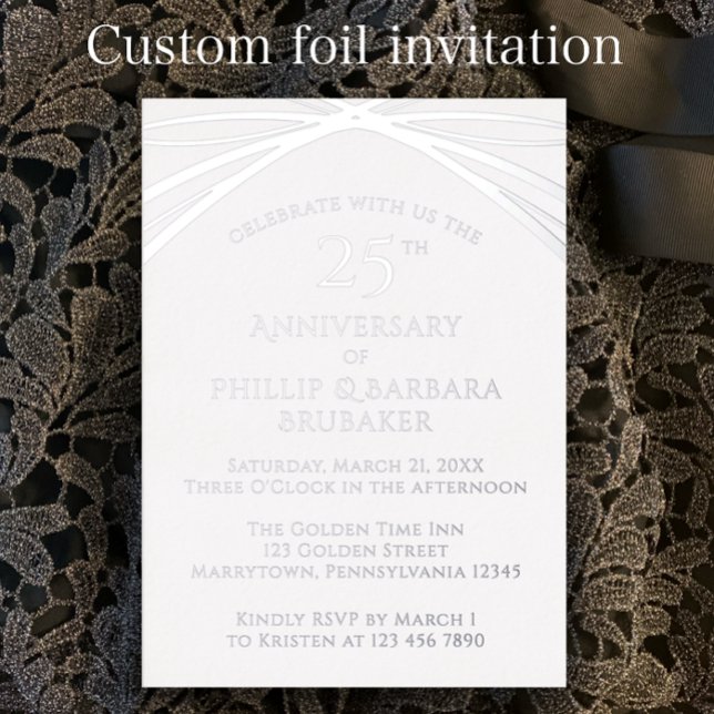 Custom Elegant Silver 25th Wedding Anniversary Foil Invitation (Personalize this template for a unique silver foil arch 25th wedding anniversary party invitation.)