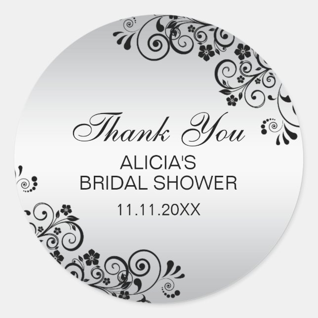 Custom Elegant Silver Bridal Shower Thank You Classic Round Sticker (Front)