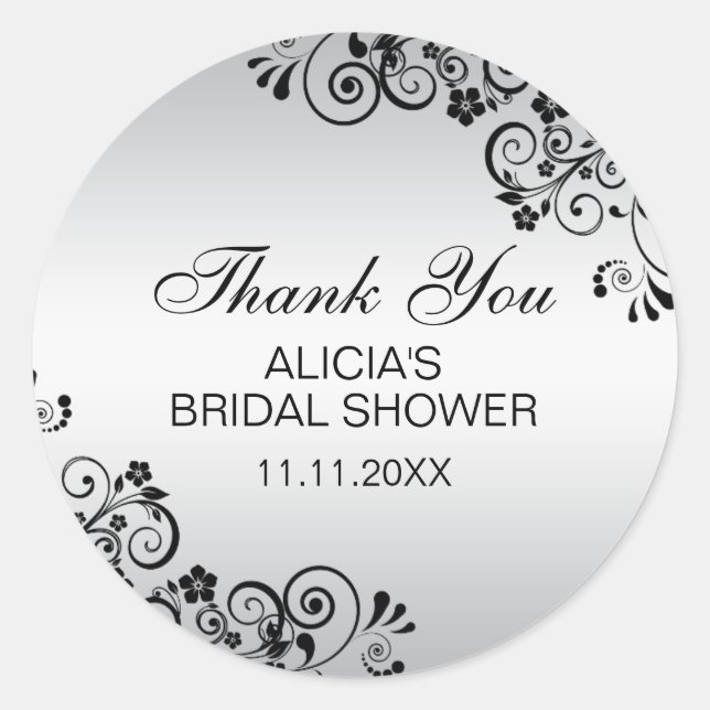 Custom Elegant Silver Bridal Shower Thank You Classic Round Sticker (Front)