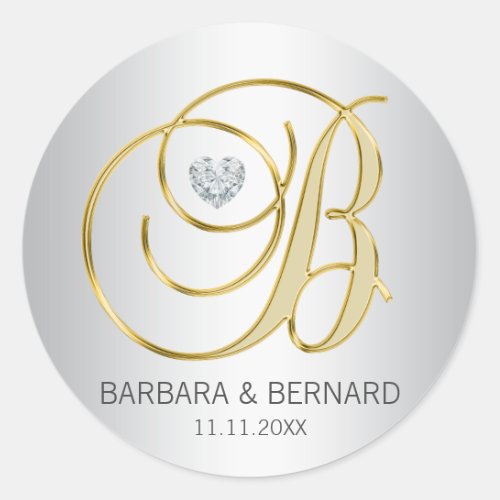 Custom Elegant Silver Gold Monogrammed Wedding Classic Round Sticker