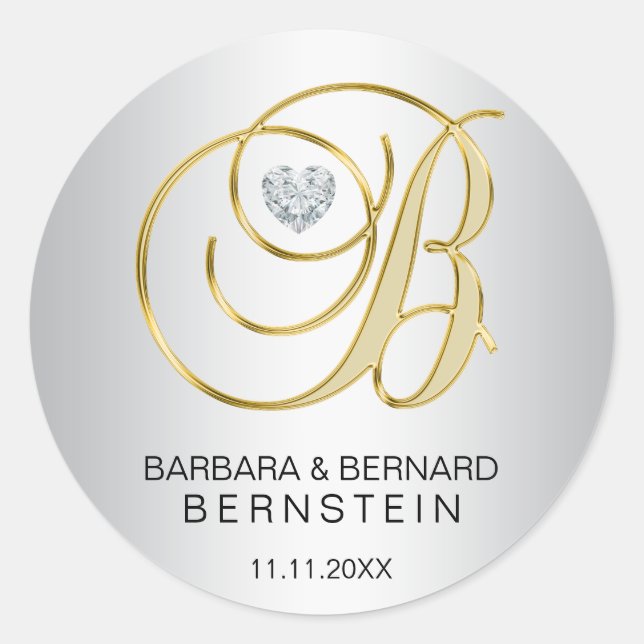 Custom Elegant Silver Gold Monogrammed Wedding Classic Round Sticker (Front)
