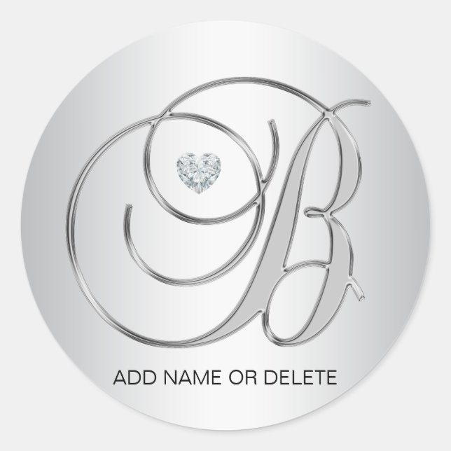 Custom Elegant Silver Monogrammed Initial Letter B Classic Round Sticker (Front)